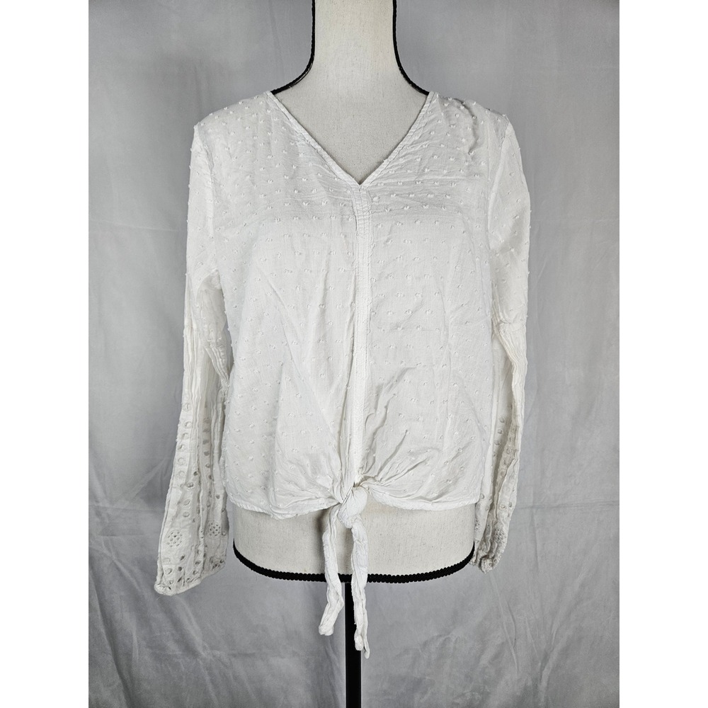 Forgotten Grace Large White Swiss Dot Eyelet Balloon Sleeve Tie Front Top